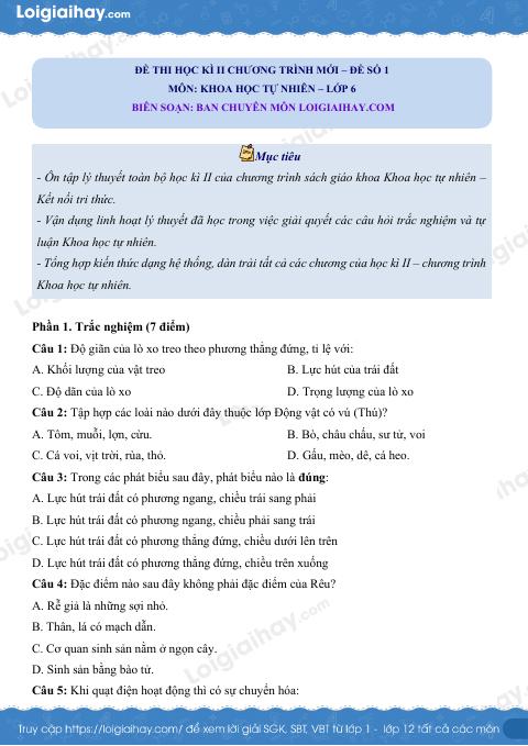 Đề thi học kì 2 KHTN 6 Kết nối tri thức - Đề 1